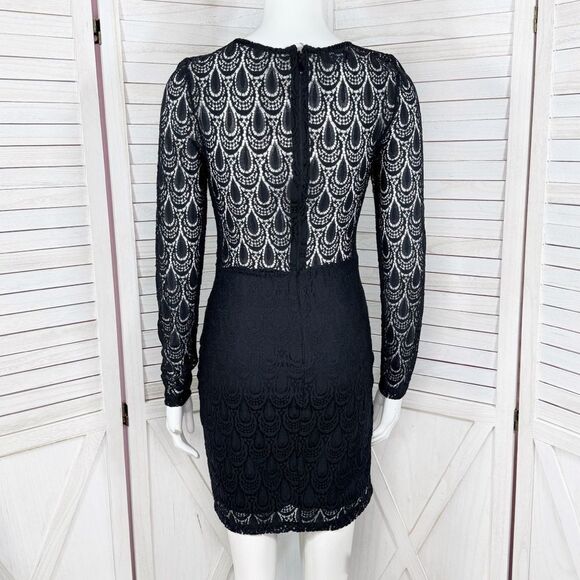Bebe Lace Overlay Bandeau Pencil Dress Sheer Back Long Sleeve Black Medium - Picture 4 of 13